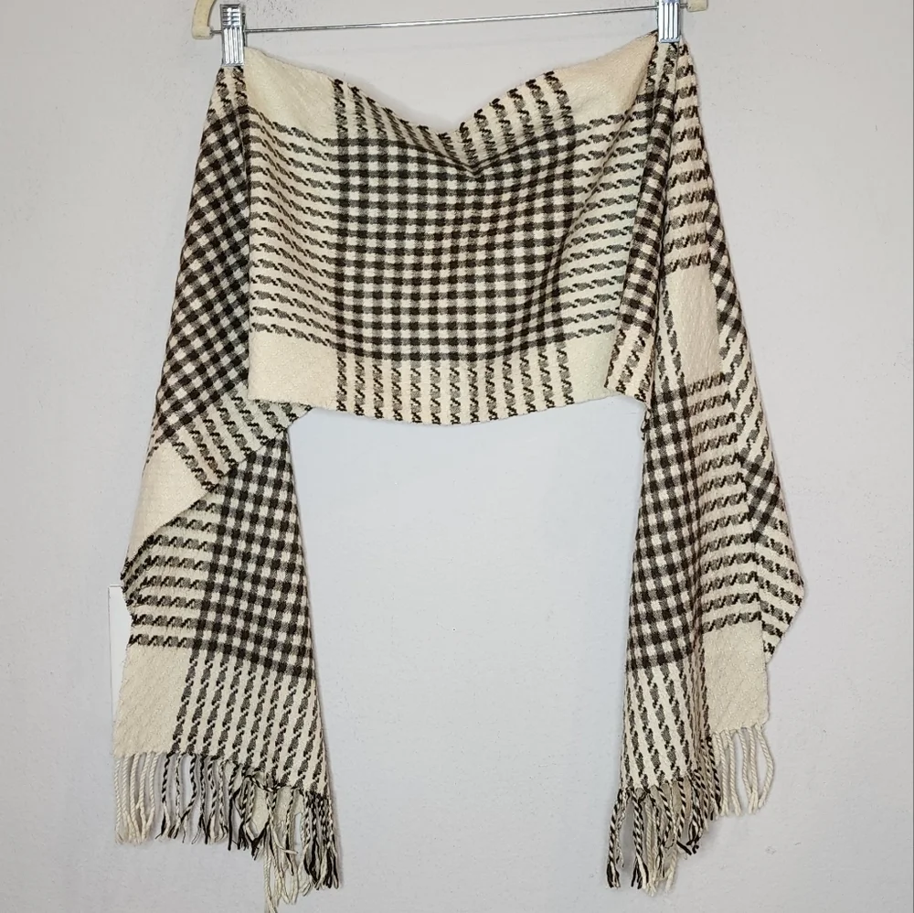 100% Cashmere Scarf Made In Germany Cream And Brown Plaid Fringe Hem